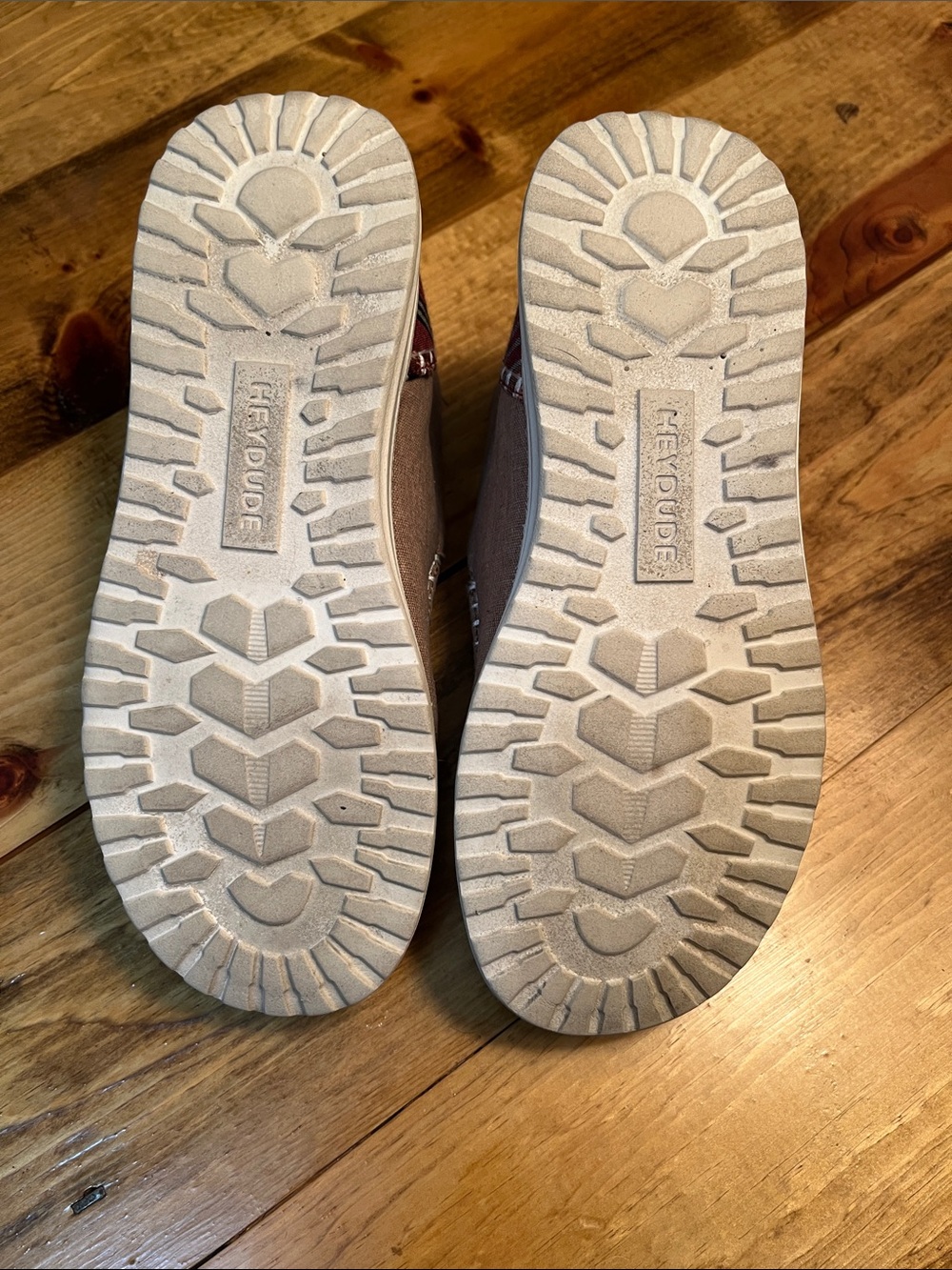 Hey Dude Women's Slip-On Loafers in Taupe with Red Patterned Heel - Picture 3 of 5